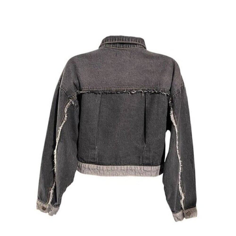 Shein Women Black Cropped Denim Jacket Distressed Frayed Hem Trucker S - Picture 3 of 10